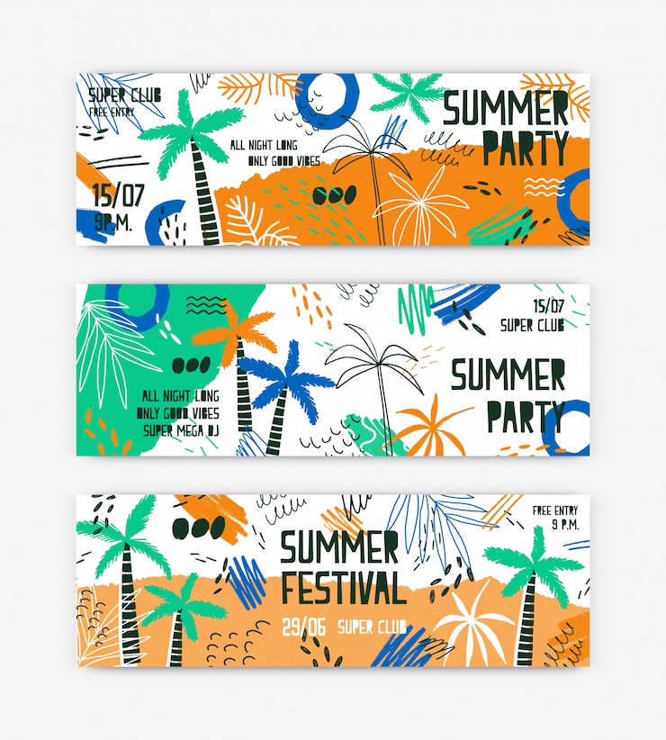 Vector summer festival banner templates set. open air party invitation decorated with palm trees and tropical beach.