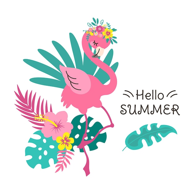 벡터 여름 플라밍고 아름다운 여름 티셔츠 인쇄 의류 그래픽 디자인 열대 분홍색 새와 이국적인 야자수 꽃 인쇄 티셔츠 디자인 일러스트레이션을 위한 귀여운 만화 벡터 여름 플라밍고 이국적인