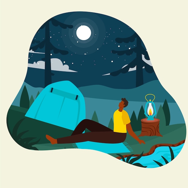 Summer flat night camping illustration