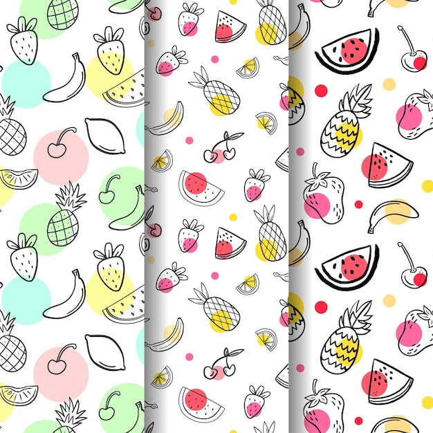 Summer flat patterns collection with fruits watermelon cherry pineapple banana strawberry