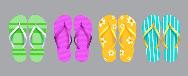 Vettore summer flipflop elementi set vettoriale design summer tanga pantofole e collezione di sandali per la spiaggia