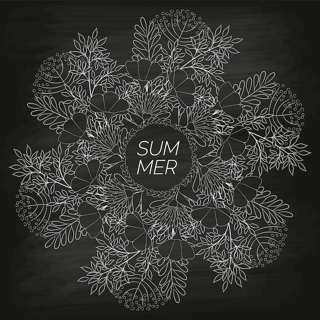 Summer floral background drawn by hand on the black unclean chalkboard