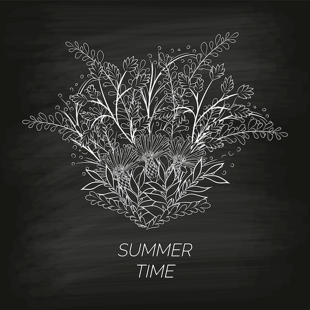 Summer floral background in the form of a wreath of cornflowers and leaves drawn by hand on the black unclean chalkboard.