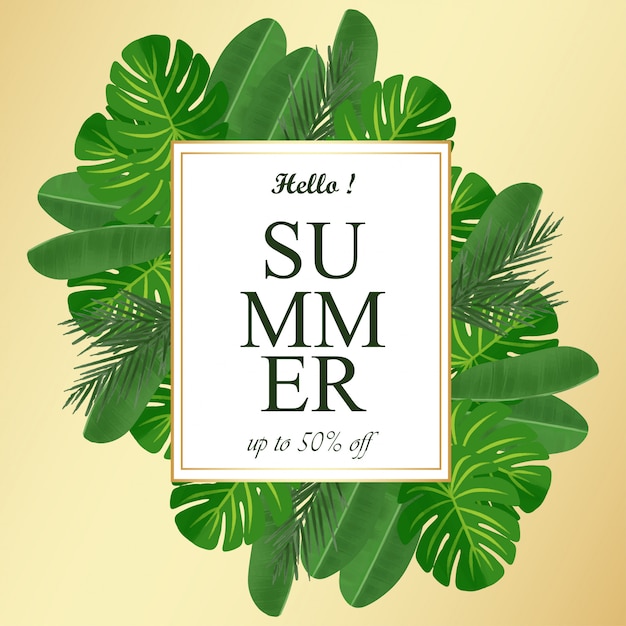 Summer floral frame with tropical leaves