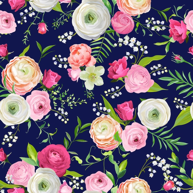 Летний цветочный фон с розовыми цветами и лилией. ботанический фон для текстильных тканей, обоев, упаковочной бумаги и декора. векторная иллюстрация