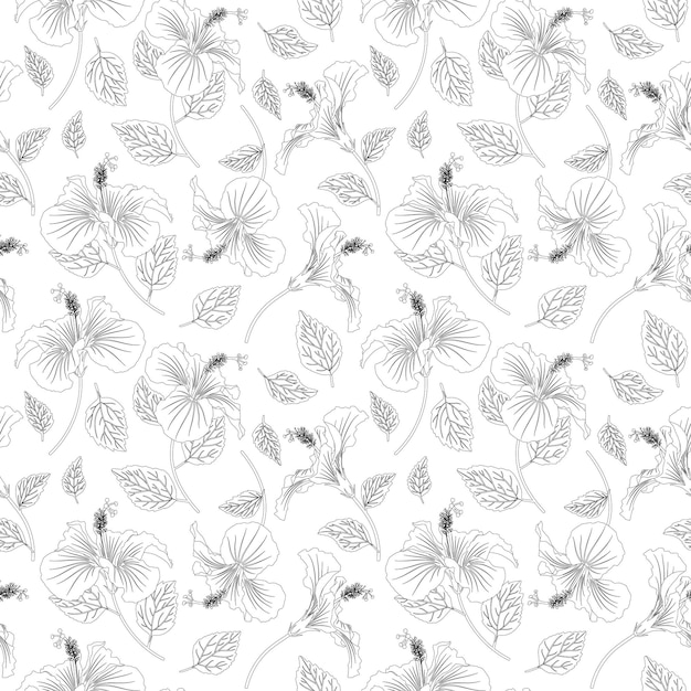 Summer flower seamless pattern. Hibiscus flower with leaves linear repeatable backdrop.