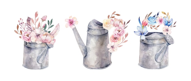 Summer flowers in vintage watering can Watercolor