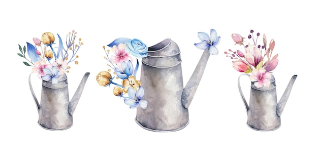 Summer flowers in vintage watering can Watercolor