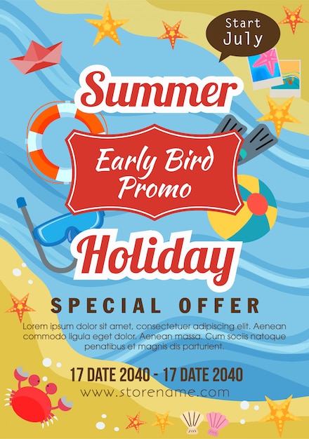 Summer flyer template holiday early bird promo flat style beach theme vector illustration