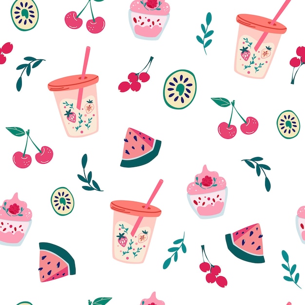 Summer food and drinks seamless pattern cold beverages soda\
water sweet fizzy beverages fruit cocktails juices lemonades in\
glass and bottles cold drinks vector illustrations