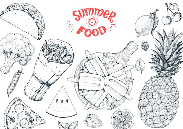 Summer food vector illustration Variety food sketch collection Top view engraved illustration