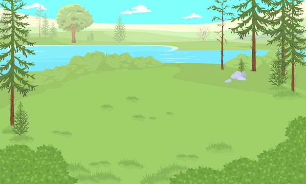 Vector summer forest glade landscape with lake and trees