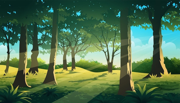 Вектор Векторная иллюстрация летних лесных джунглей с векторным ландшафтом густых деревьев