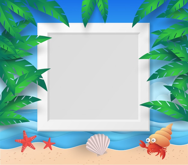 Vector summer frame template with beach, sea, tree, leaf, starfish, shell and hermit crab with paper cut