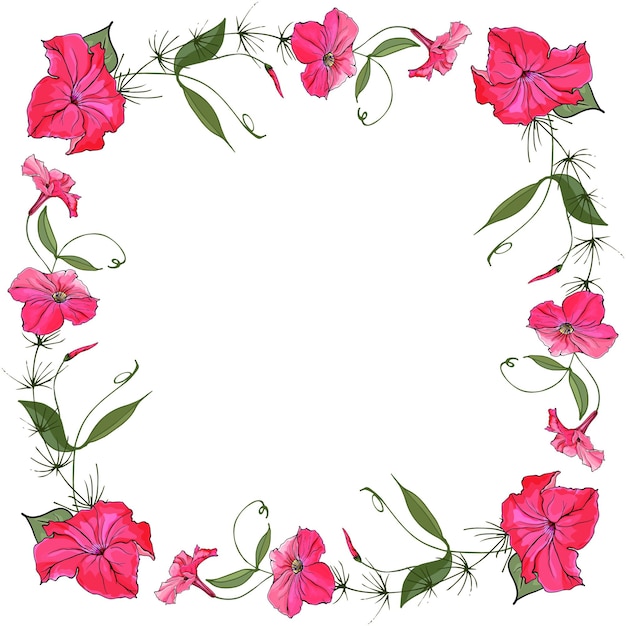 Vector summer frame with pink flowers petunia.