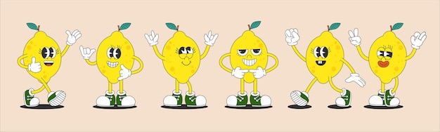 Vettore set di frutta di limoni estiva una raccolta di personaggi di cartoni animati brillanti e allegri degli anni '80 e '90