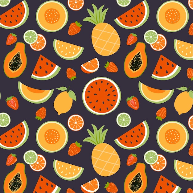 Vector summer fruit seamless pattern with papaya watermelon melon pineapple strawberry and citrus