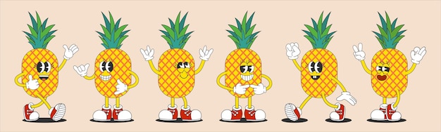 Вектор Летний фруктовый набор коллекция ярких и веселых персонажей мультфильмов 70-х, 80-х и 90-х годов