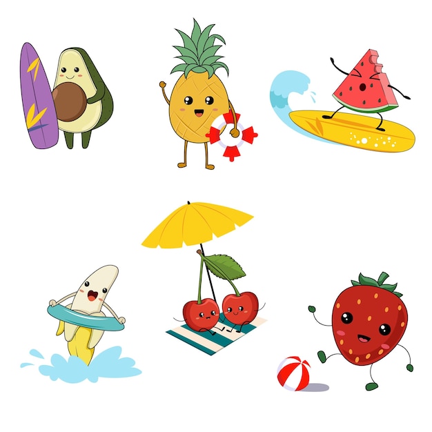 夏の果物と野菜の漫画のキャラクターのクリップアート