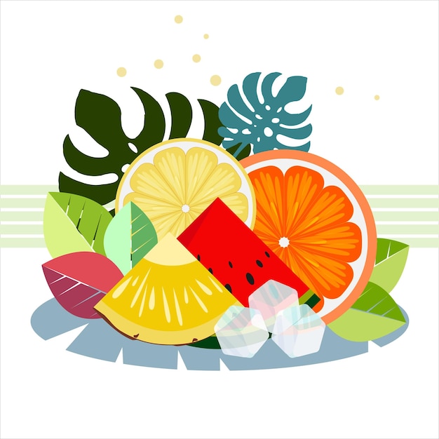 Vector summer fruits cocktail fresh watermelon pineapple citrus fruits ice cubes vector graphicsxa