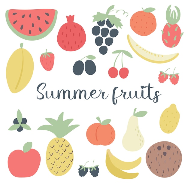 Summer fruits set isolated vector exotic tropical fruits hand drawn simple collection berries