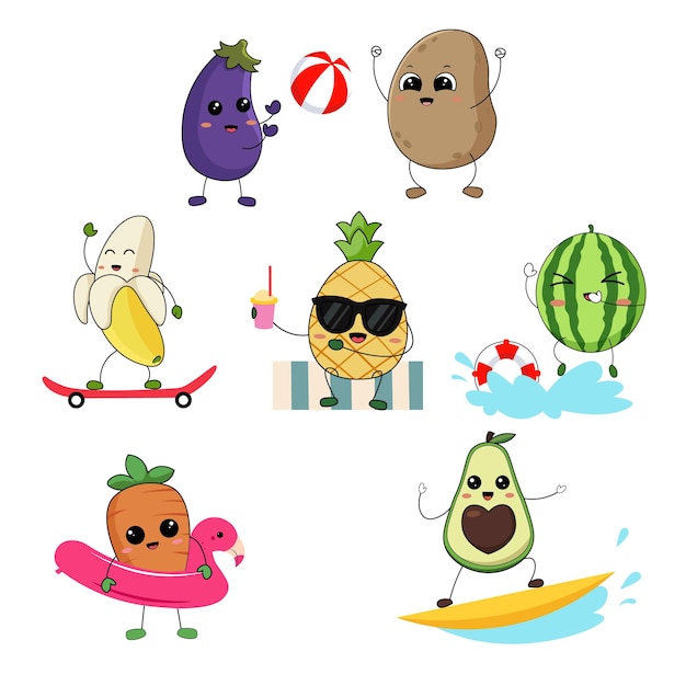 summer fruits and vegetables cartoon character clipart