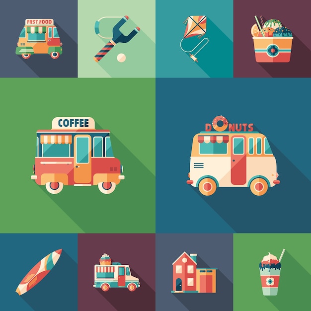 Summer fun set of flat square icons with long shadows.