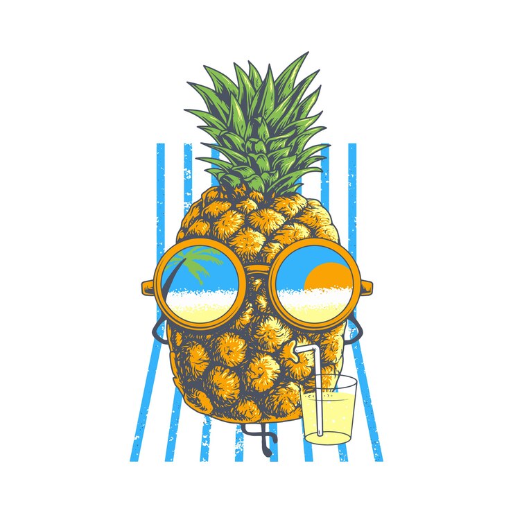 Vector summer funny pineapple character enjoy sunbathe  illustration 
