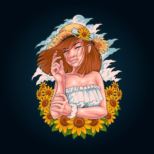 summer girl in sunflower garden illustration