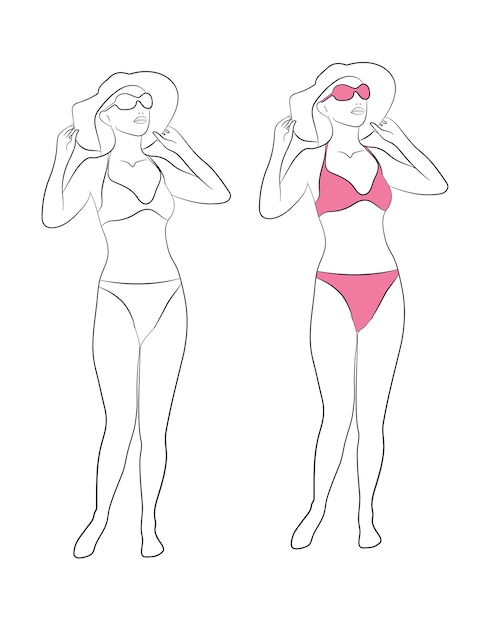 Vector summer girl in swimsuit line silhouette