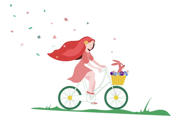 Летняя девушка с рыжими волосами на велосипедной корзине для зайцев Ручной рисунок на белом фоне