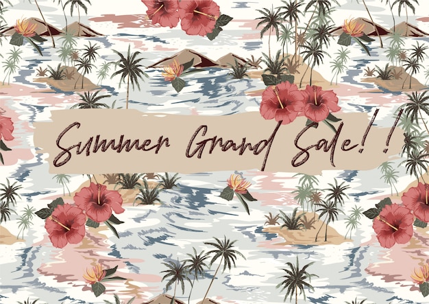 Summer grand sale with vintage tropical island with exotic leaves, palm trees, red hibiscus flower ,wave ,mountain banner