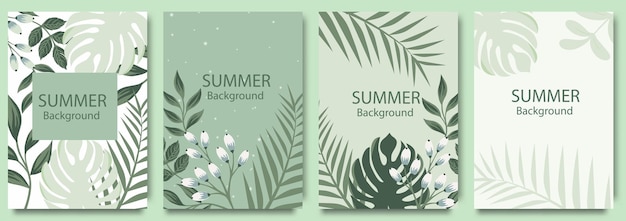 Summer green background with tropical palm leaves and flowers Abstract banner with jungle theme