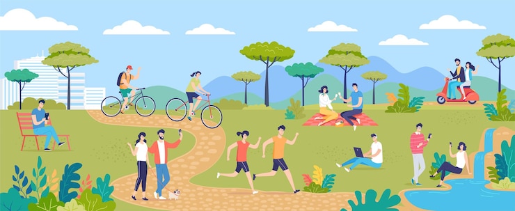 Vector 夏の緑の都市公園と人々の群衆の漫画のベクトル図