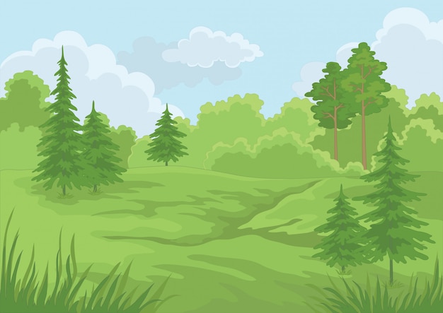 Vector summer green forest and blue sky