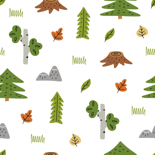 Summer green forest seamless pattern Vector illustration isolated on white background for nursery and textile decoration