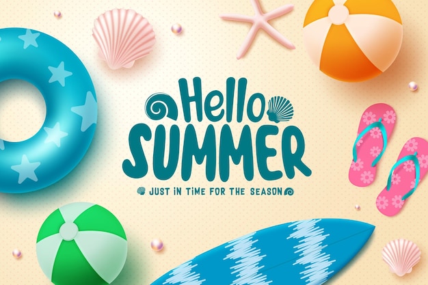 Summer greeting vector background Hello summer text with beach floater surfboard and beach ball