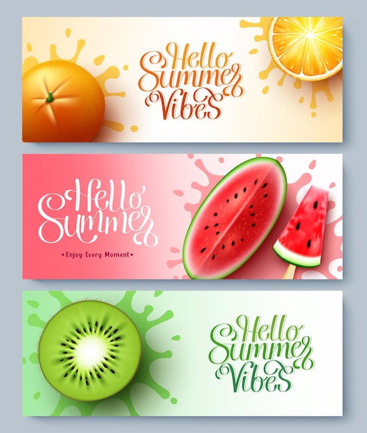Летнее приветствие векторный набор дизайн привет лето типографский текст с фруктами в красочном всплеске