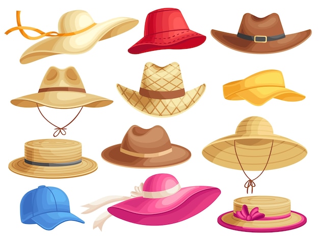 여름 모자 남성과 여성의 카우보이 모자와 액세서리 만화 벡터 세트를 위한 세련된 헤드기어