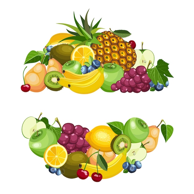 サークル内の夏の健康的なフルーツ食品アイコン漫画コレクション。カラフルなさまざまな果物と明るく美しいバナー。ベクトルイラスト