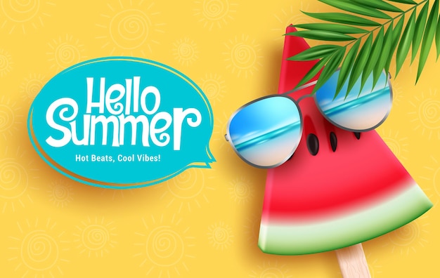 Summer hello greeting text vector design Hello summer greeting in speech bubble with watermelon pop