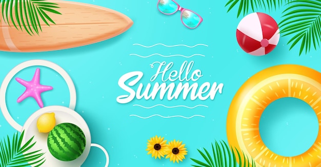 Vector summer hello text vector design summer with floater beachball and surfboard beach elements vector