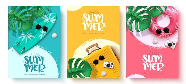 Vector summer hello text vector poster set hello summer greeting text with surfboard luggage and floaters