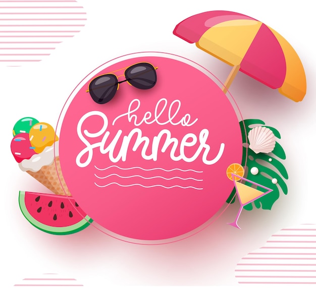 Summer hello text vector poster set Hello summer greeting text with surfboard luggage and floaters