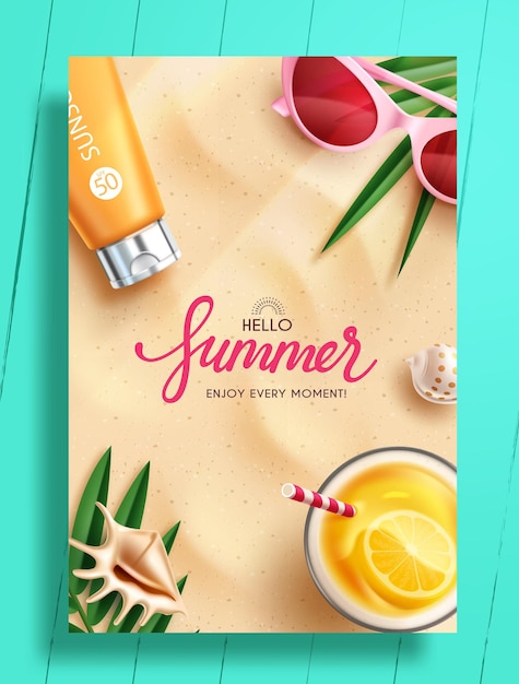 Vector summer hello vector poster template hello summer greeting text with juice sunblock sunglasses