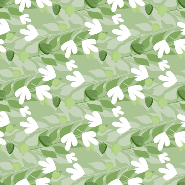 Summer herbal leaves seamless pattern on green.