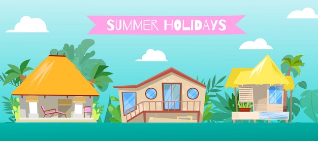 해변 집 그림에서 여름 휴가입니다. 리조트 수상 집 건물 배경, 바다 근처 만화 방갈로 별장