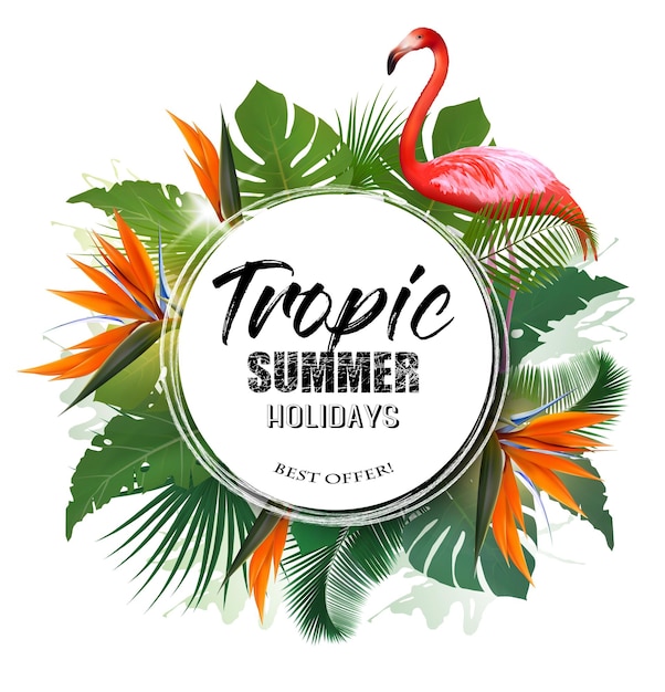 Vector summer holiday background with tropical plants and coloful flowers and flamingo vector