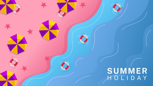 Summer holiday banner design with umbrellas floats and starfish with beautiful beach waves