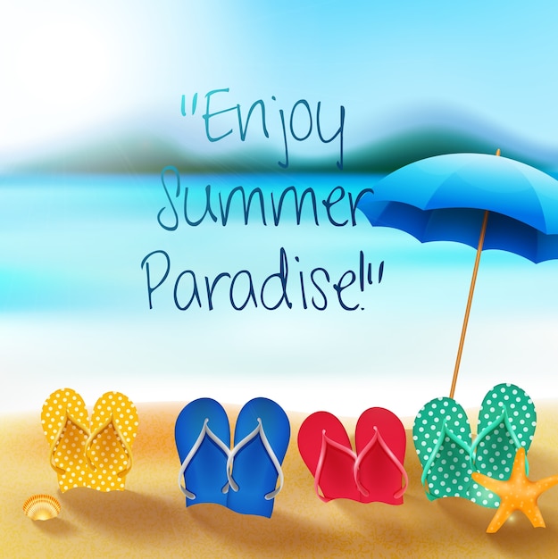 Summer holiday banner with colorful sandals and umbrella